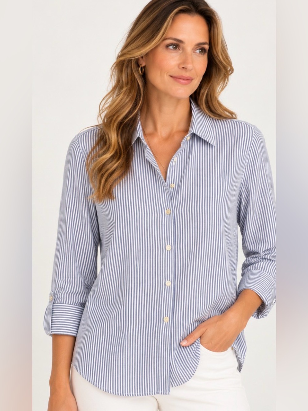 LOFT Blue and White Striped Button-Down Blouse Sz Small Officecore Coastal